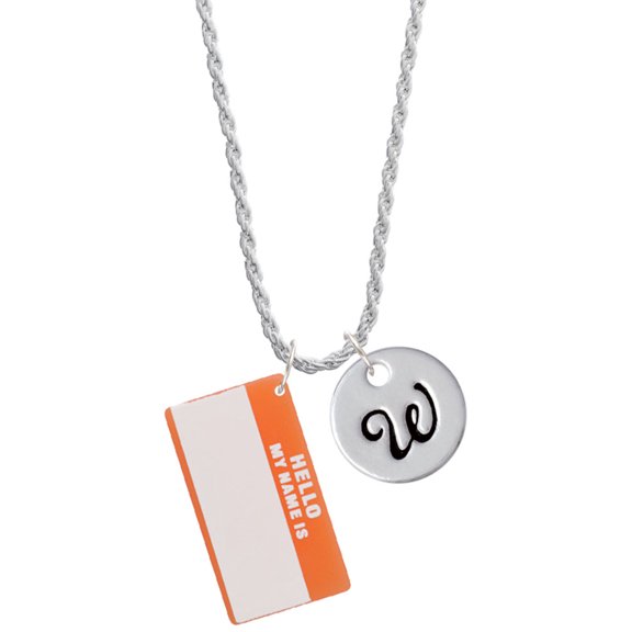 Delight Jewelry Acrylic Orange "Hello" Name Tag Silvertone Script Initial Disc - W - Charm Necklace, 20"+3"