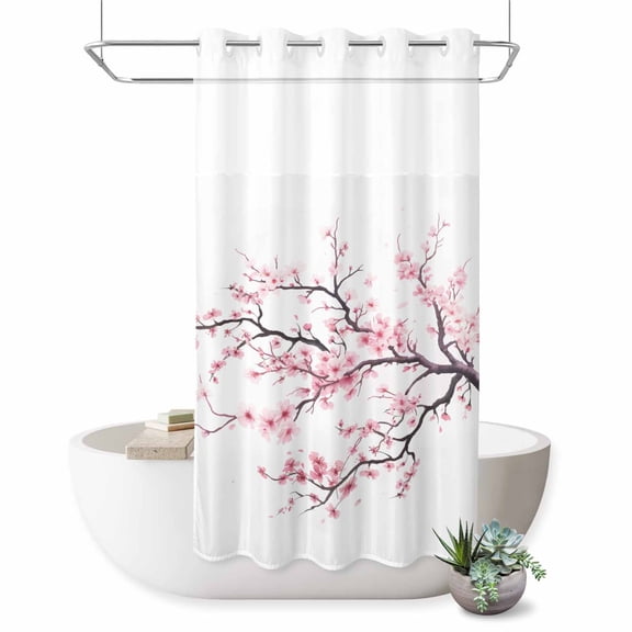 No Hook Shower Curtain, Pink Cherry Blossom Shower Curtains for Bathroom with See Through Top Window, Spring Branches Floral Watercolor Waterproof & Washable Bath Curtain Stand Up Stall 36"x72"