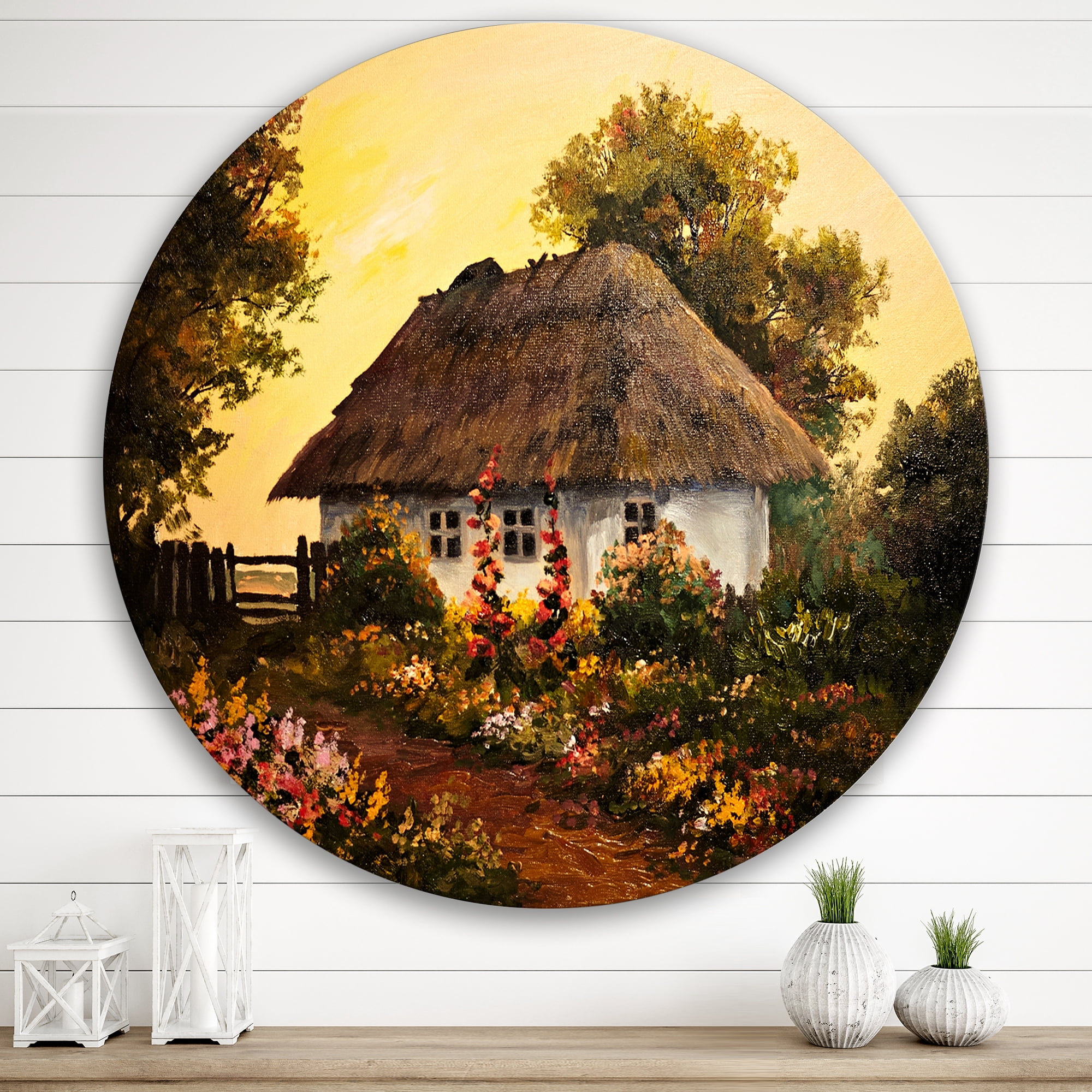Designart 'Traditional Cottage At Sunset In Autumn Flowers' Traditional Circle Metal Wall Art 36x36 - Disc of 36