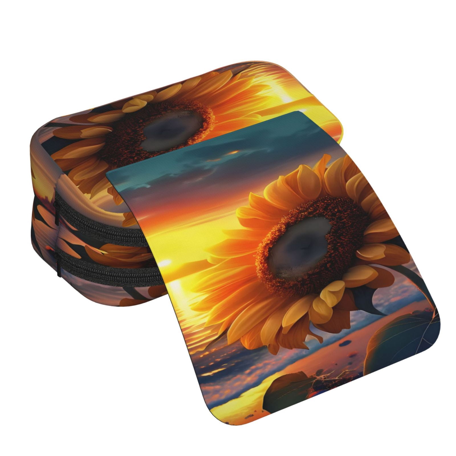 Rateoe Sunset Coast Sunflower Pattern Double Clamshell Pen Case, Storage Organizer with Two Zipper Compartments– Holds Up to 50 Pencils & Pens