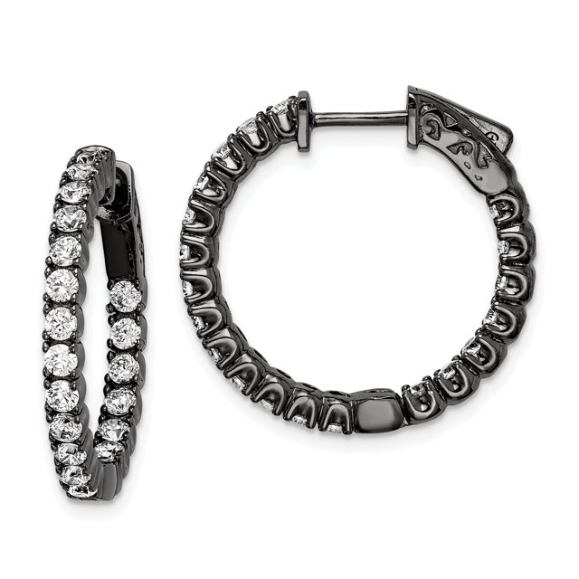 Black 2.25mm Cubic Zirconia Cz Round Hinged Hoop Earrings In/out