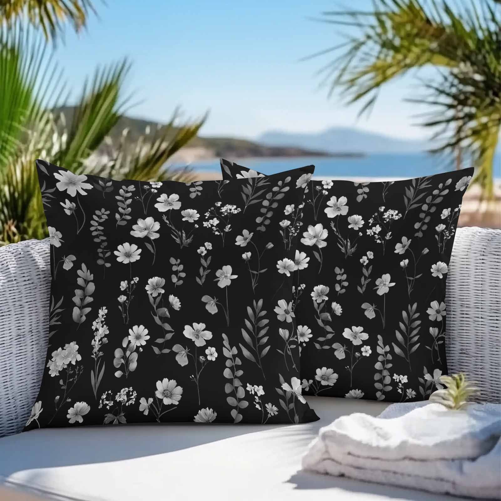 Outdoor Waterproof Throw Pillow Covers Set of 2 Black Wildflowers Decorative Pillowcases Square Outdoor Pillows Cushion Case 18x18 Inch Spring Floral Leaves Patio Pillows for Couch Sofa Bed Garden