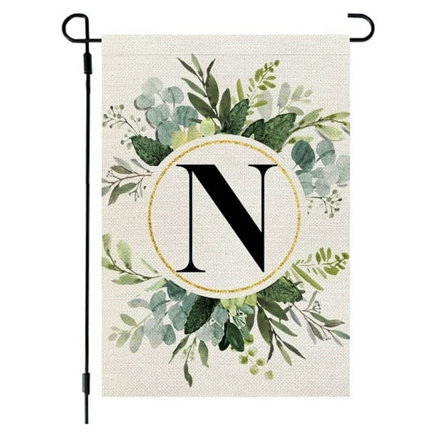 Bandera de lino para jardín, estilo Ins, con estampado de 26 letras y plantas verdes, con la primera letra del apellido, ideal para colgar en la puerta del patio.