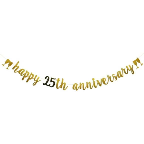 Happy 25th Anniversary Banner，25th Anniversary Party Decorations Supplies，Gold Glitter Paper Garlands Backdrops, Letters Gold
