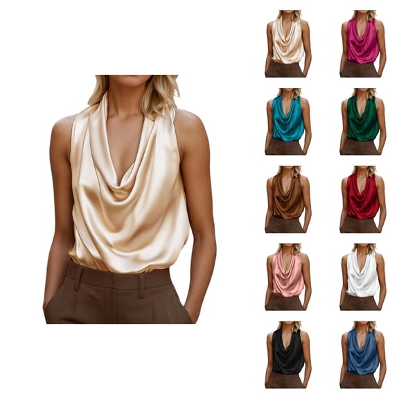 Satin Tank Tops for Women Elegant Dressy Casual Cowl Neck Loose Fit Sleeveless Shirt Going out Tops Summer Outfits