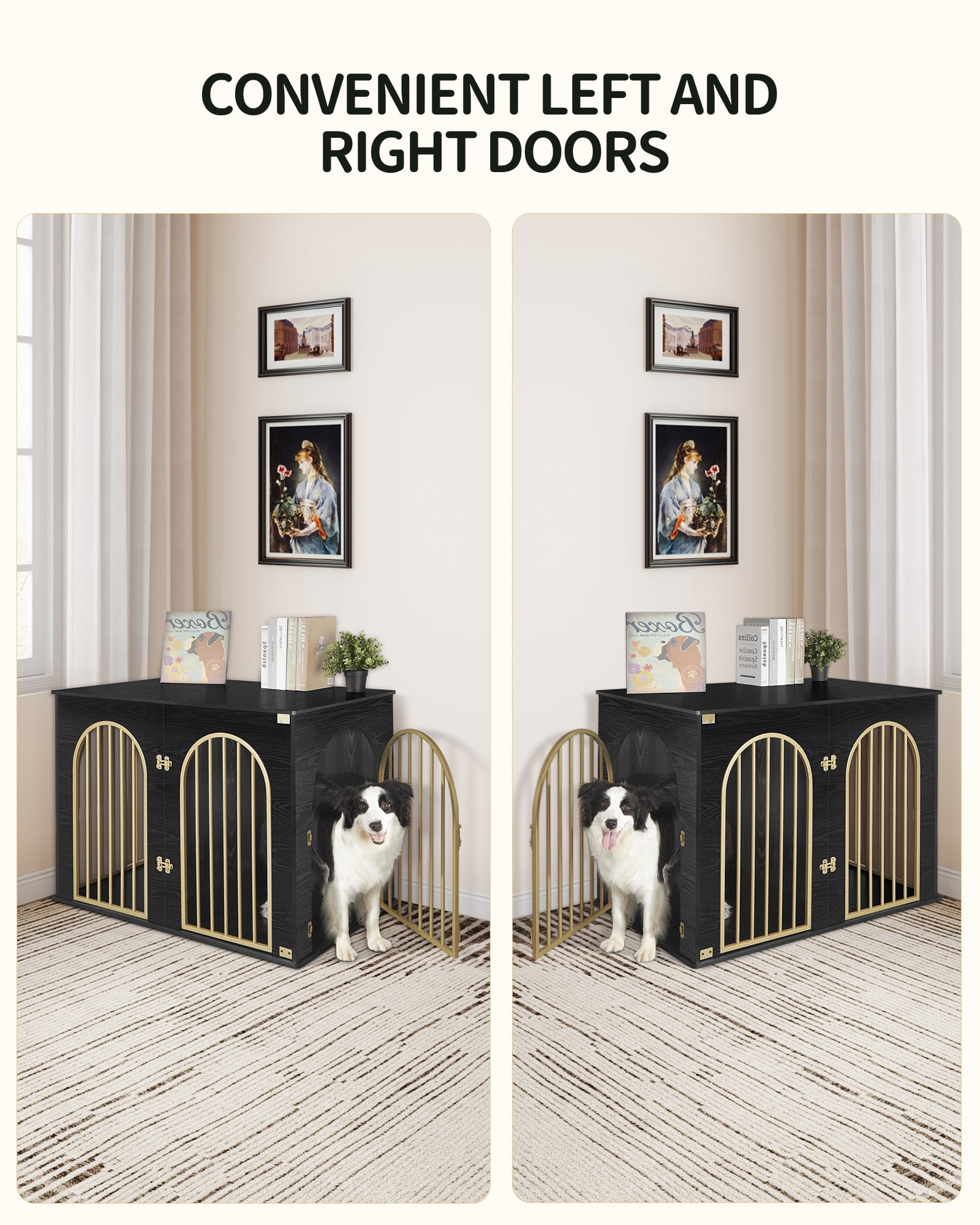 44.1" Dog Crate Furniture, 3 Door Wooden Dog Crate Furniture for Small/Medium/Large Dog,Black Gold