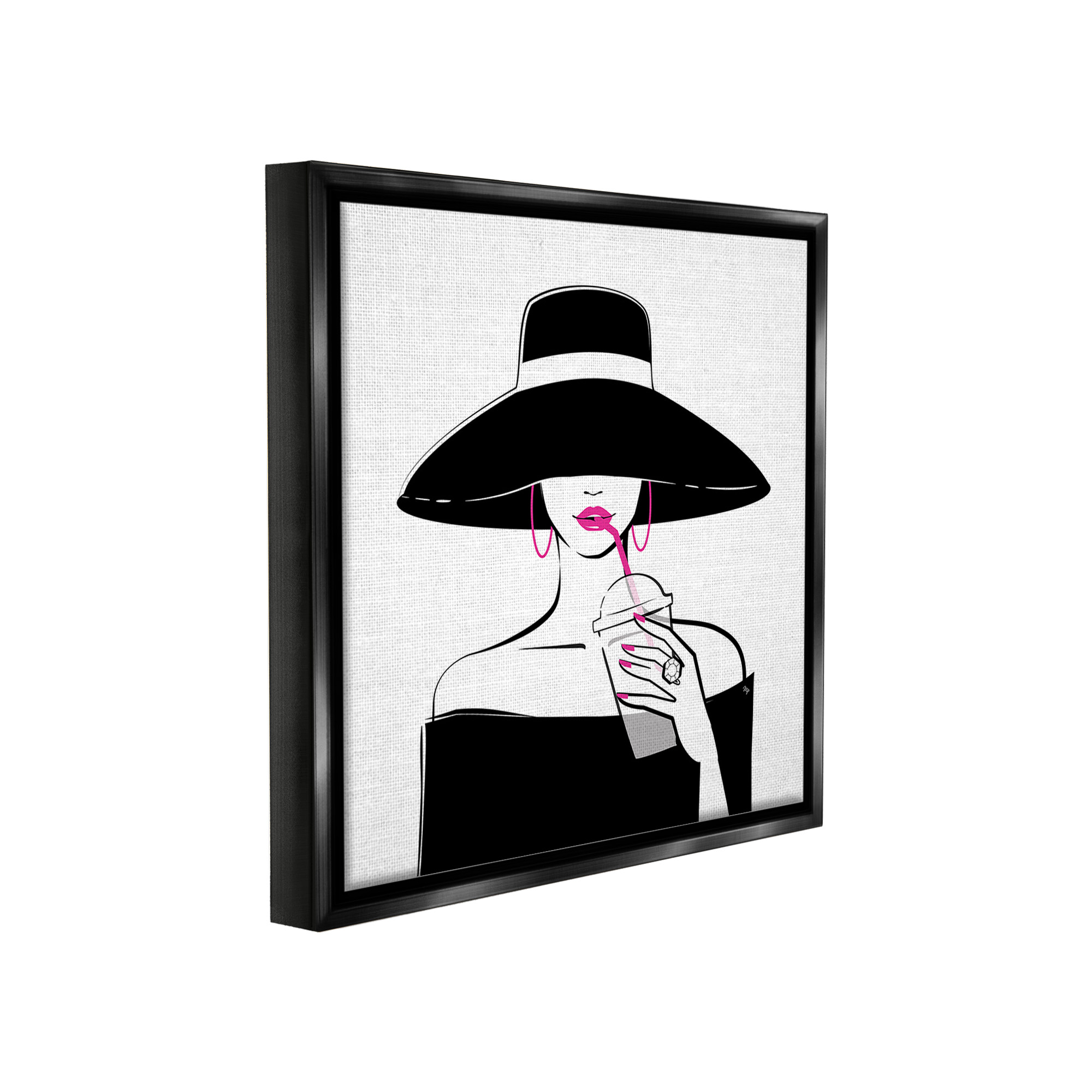 Stupell Industries Glam Girl & Iced Coffee Food & Beverage Painting Black Floater Framed Canvas Art Print Wall Art, 18 x 18