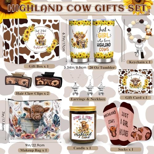 Highland Cow Gifts Set for Women, Highland Cow Themed Stuff Set with 20 Oz Tumbler Makeup Bag Candle Socks Hair Claw Clips Keychain Earrings Necklace for Highland Cow Lover Birthday Christmas Gifts