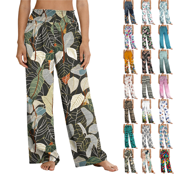 Womens Straight Leg Palazzo Lounge Pants Stretchy High Waist Loose Slacks with Pockets Printed Comfy Flowy Lounge Pants,Sizes S-2XL
