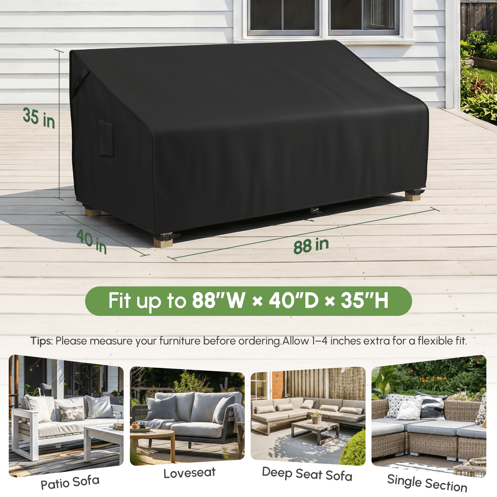 MR. COVER 3-Seater Outdoor Couch Cover Waterproof, Heavy Duty Patio Furniture Cover for Sofa, Heavy Duty Patio Sofa Cover with Air Vent, Anti-UV, 88"W x 40"D x 35"H, Black