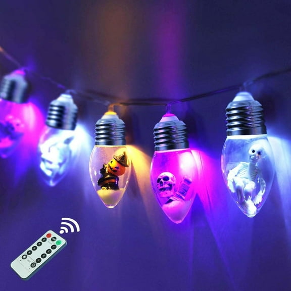 Spooktacular Halloween 8.2 FT 12 - LED Battery - Powered Bulb String Lights: Orange - Purple - White Skeleton, Pumpkin & Tombstone Cuties with Timer & 8 Twinkle Modes for Indoor/Outdoor Window Decor