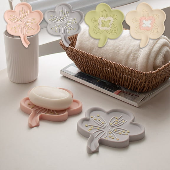 Silicone Soap Dish Holder with Drain, Floral Peach Design for Bathroom Sink and Kitchen, Non Slip Quick Dry Soap Tray and Small Item Organizer