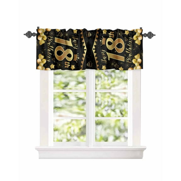 Happy 18th Birthday Celebration Window Valances for Kitchen,Rod Pocket Valance Privacy Small Curtain,Gold Balloon Cake on Black Window Treatment Drapes for Bedroom Laundry Room Farmhouse 54x18in