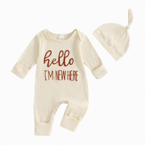 larppty Im New Here Newborn Outfit Boy Long Sleeve Letter Romper Ribbed Knit Jumpsuit Baby Boy Preemie Coming Home Outfit