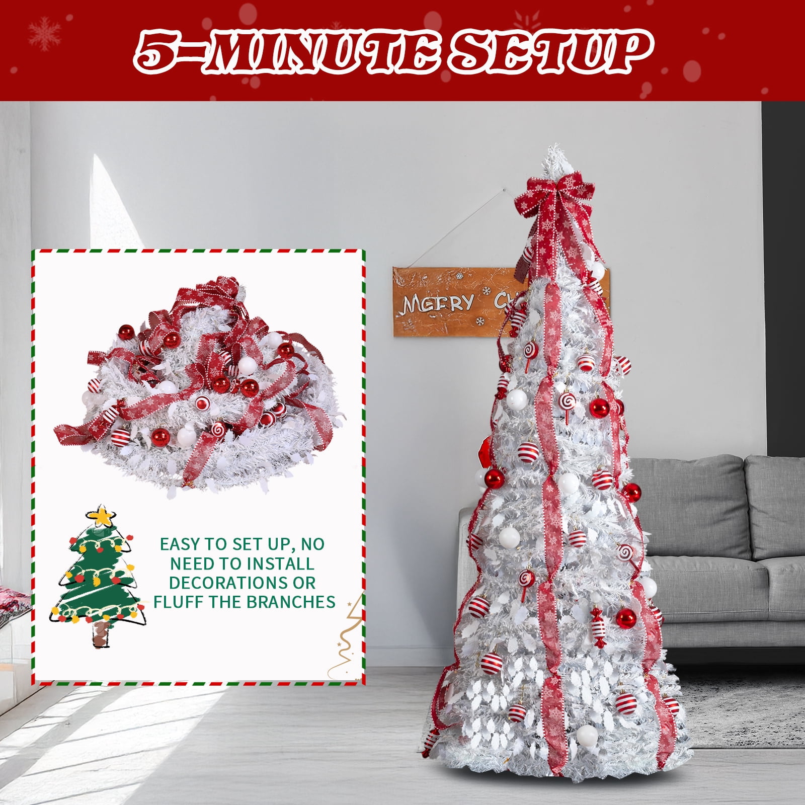 Astoutdoor 7 ft Pre-Lit Pop-Up Christmas Tree, White PVC with 170 Warm Lights and Red Ornaments