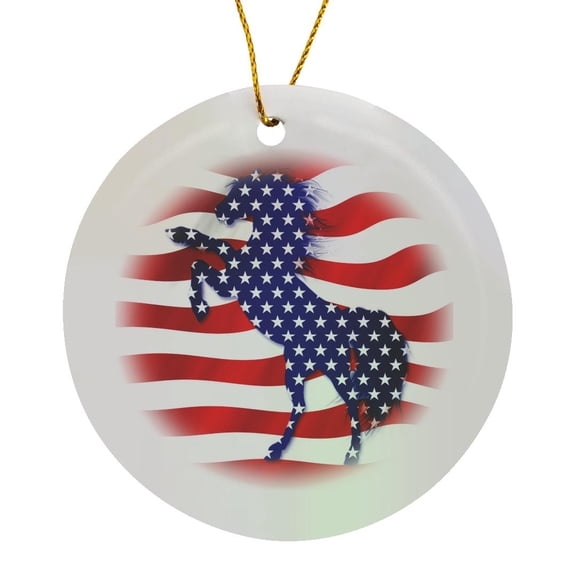 3drose, Horse in Blue and White Stars Against Red and White Striped Flag, Circle Porcelain Ornament