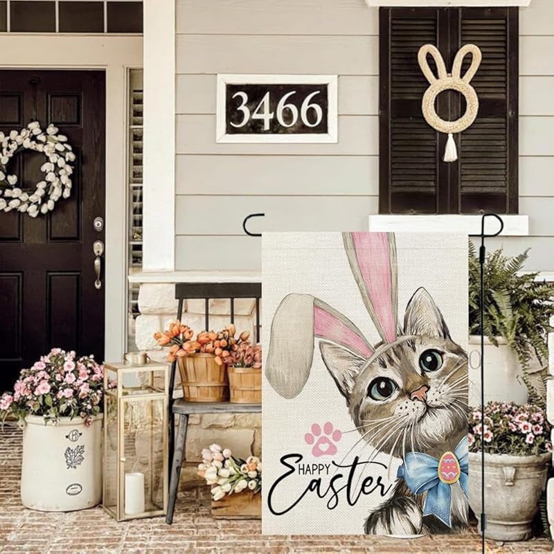 Happy Easter Cat Garden Flag Double Sided for Outside Small Burlap Rabbit Ear Holiday Yard Decoration