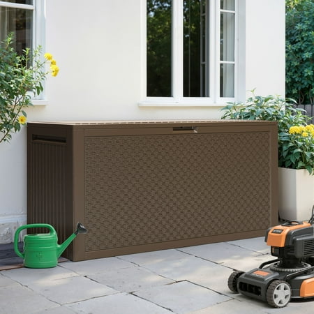 90 Gallon Resin Deck Box, Outdoor Lockable Storage Container for Patio Cushions, Garden Tools, Pool Supplies, Toys, Waterproof and UV Resistant, Brown