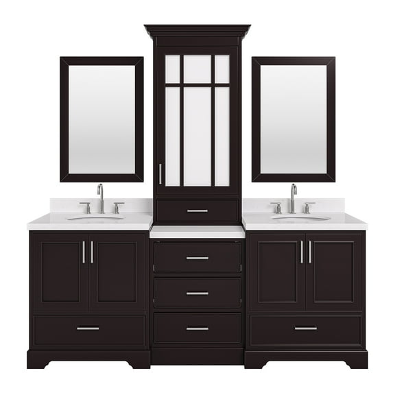 Ariel Stafford 85 In. Double Oval Sink Bathroom Vanity Set With Carrara White Quartz Countertop 1.5 Edge In Espresso
