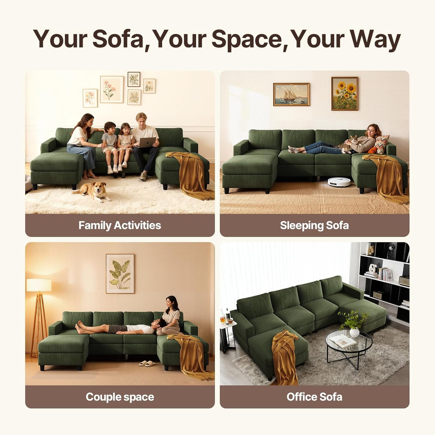 AENKYO U-Shaped Sectional Sofa Couch with 2 Ottomans, Convertible 4-Seat Living Room Furniture with Removable Cushions, Green