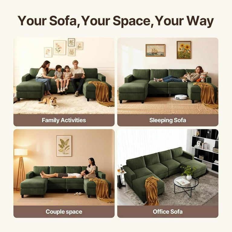 AENKYO U-Shaped Sectional Sofa Couch with 2 Ottomans, Convertible