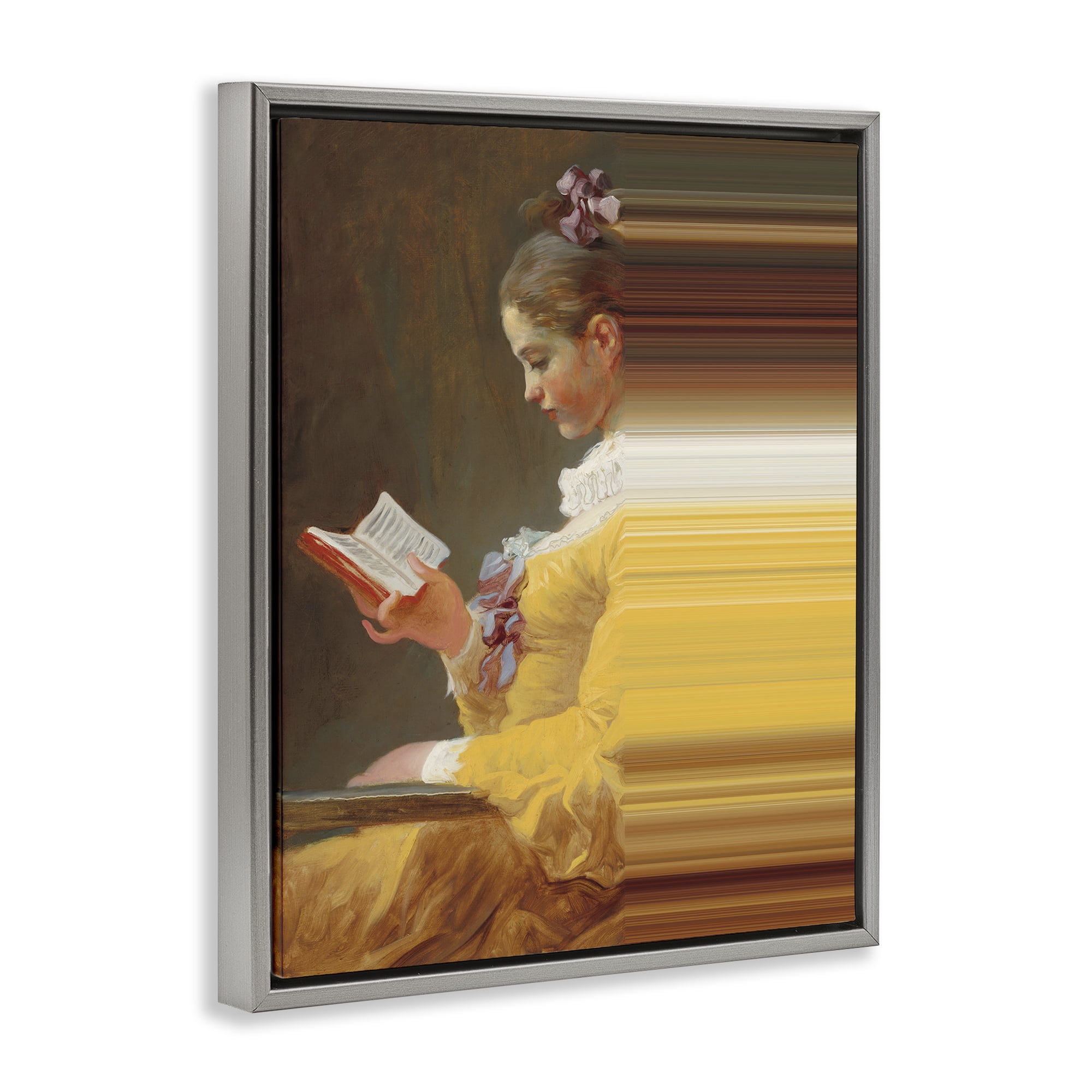 Vintage Lady Reading with Gradient Streaks Gray Framed Floater Canvas Wall Art, design by Seven Trees Design