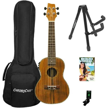 Sawtooth Acacia Concert Ukulele with Preamp, Quick Start Guide, & ChromaCast Accessories, Natural Satin
