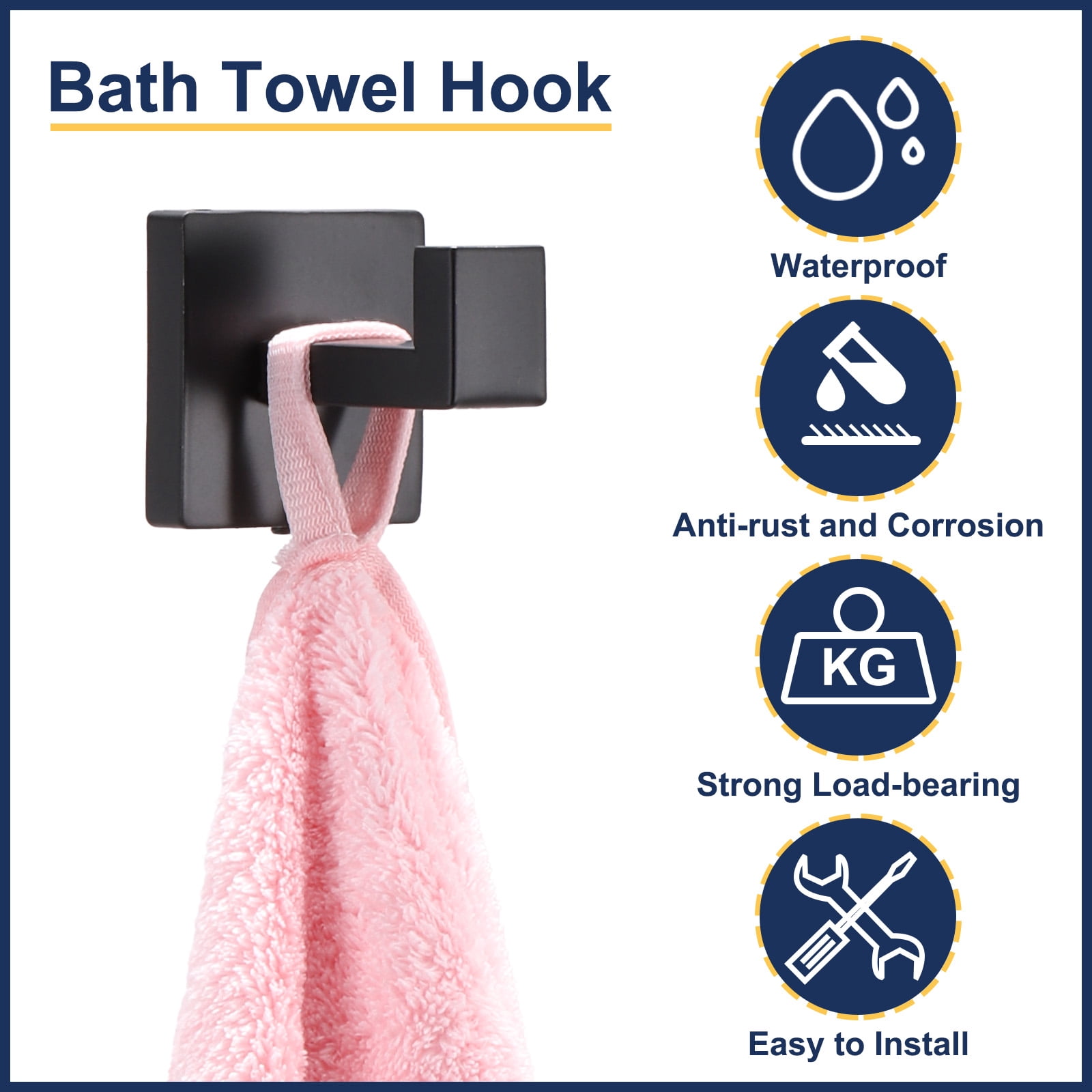 Unique Bargains Stainless Steel Square Coat Hook Robe Hooks for Hanging Towels Black