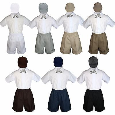 

4pc Set Boy Toddler Formal Silver Bow Tie White Navy Khaki Shorts+Hat S-4T