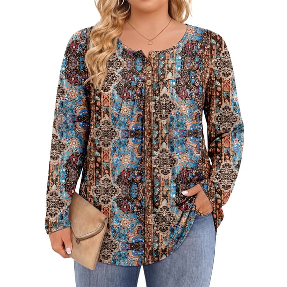 Fantaslook Plus Size Womens Blouses Long Sleeve Floral Tunic Tops Henley Neck Flowy Fall Shirts