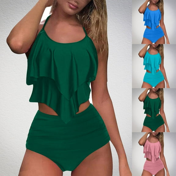 ZZwxWA 2 Piece Bikini Sets for Women High Waisted Ruffle Halter Swimsuit Trendy Bathing Suits Push Up Summer Beach Wear