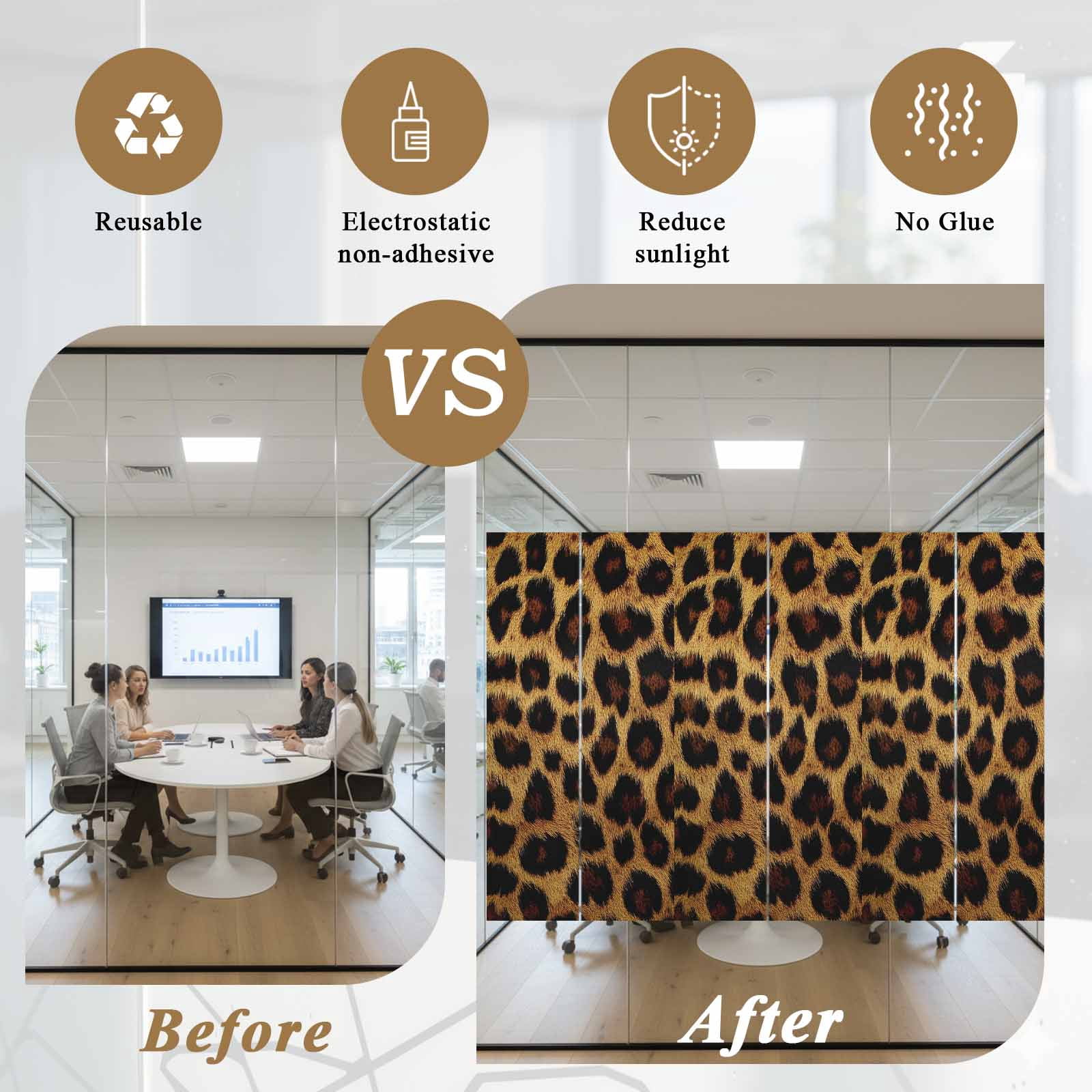 Leopard Window Privacy Film, Brown Vintage Leopard Print Static Cling UV Sun Blocking Heat Control Window Tint Day and Night, Non-Adhesive Reusable One Way Windows Privacy Cover 23.6''x59''