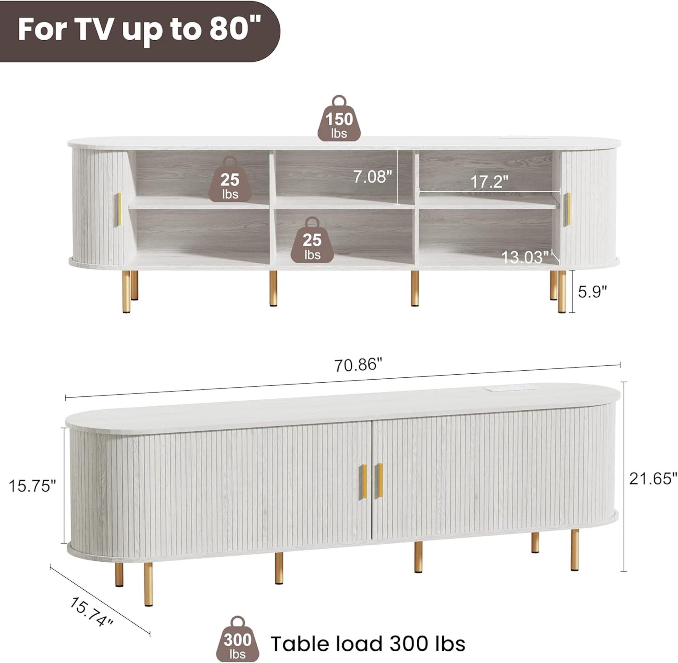 Aisword 71 Inch TV Stand with Power Outlet for TVs up to 80 Inch, Entertainment Center with Storage and Adjustable Shelves, Media Console with Sliding Doors for Living Room, White
