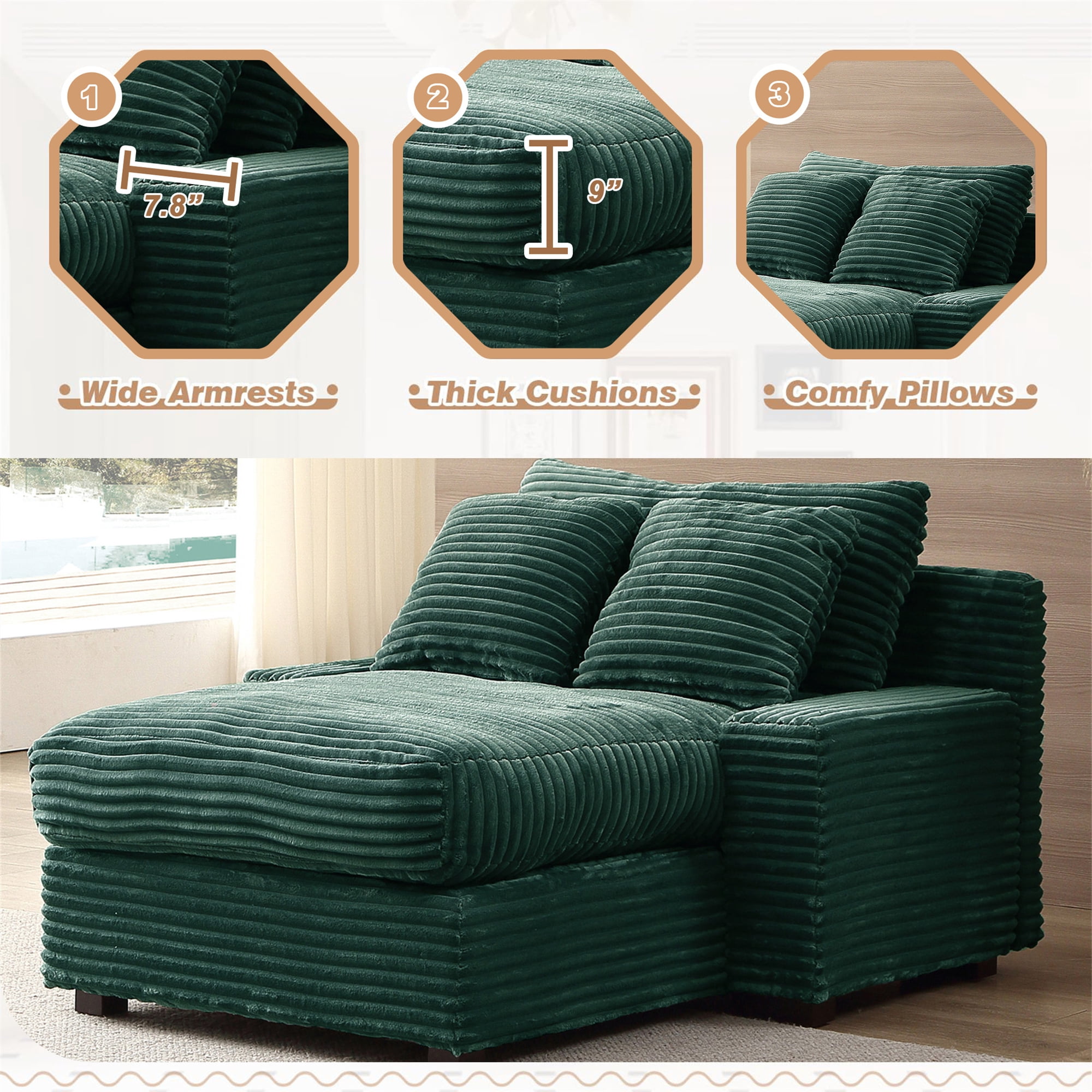 Aukfa 49" Chaise Lounge Oversized Corduroy Sofa Plush Chair Bed w/ 3 Pillows for Living Room, Green