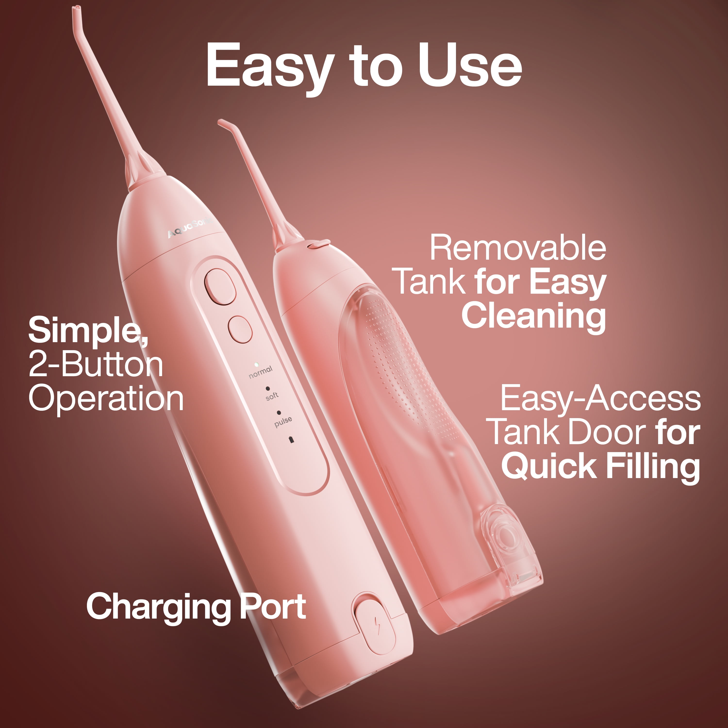 AquaSonic Icon Electric Water Flosser - 150ml Tank, Cordless Rechargeable, Waterproof, Portable Oral Irrigator - Light Pink