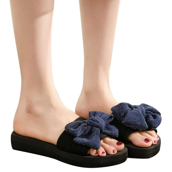 Xfvqtps Womens Wedge Sandals Slide Flatform Bow Glitter Open Toe Soft Sole Non Slip Lightweight Comfortable Breathable Summer Sandals Blue
