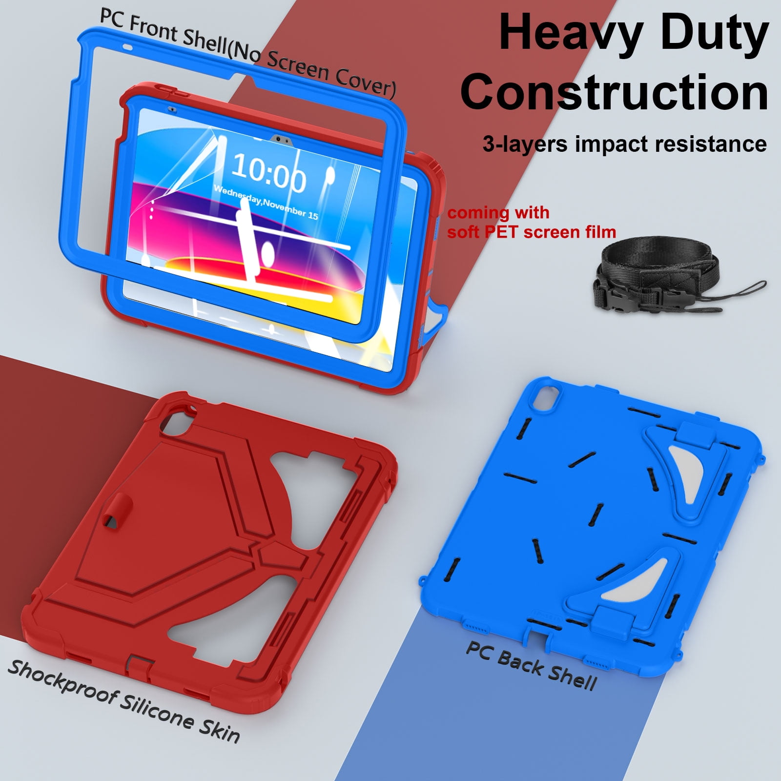 Dteck Case for 2025 Apple 11-inch iPad A16/ 10.9-inch iPad 10th Generation 2025 Cover with Pencil Holder Screen Protector Shoulder Strap Kicsktand Thickned Cornor for Kids Boys,Red Blue