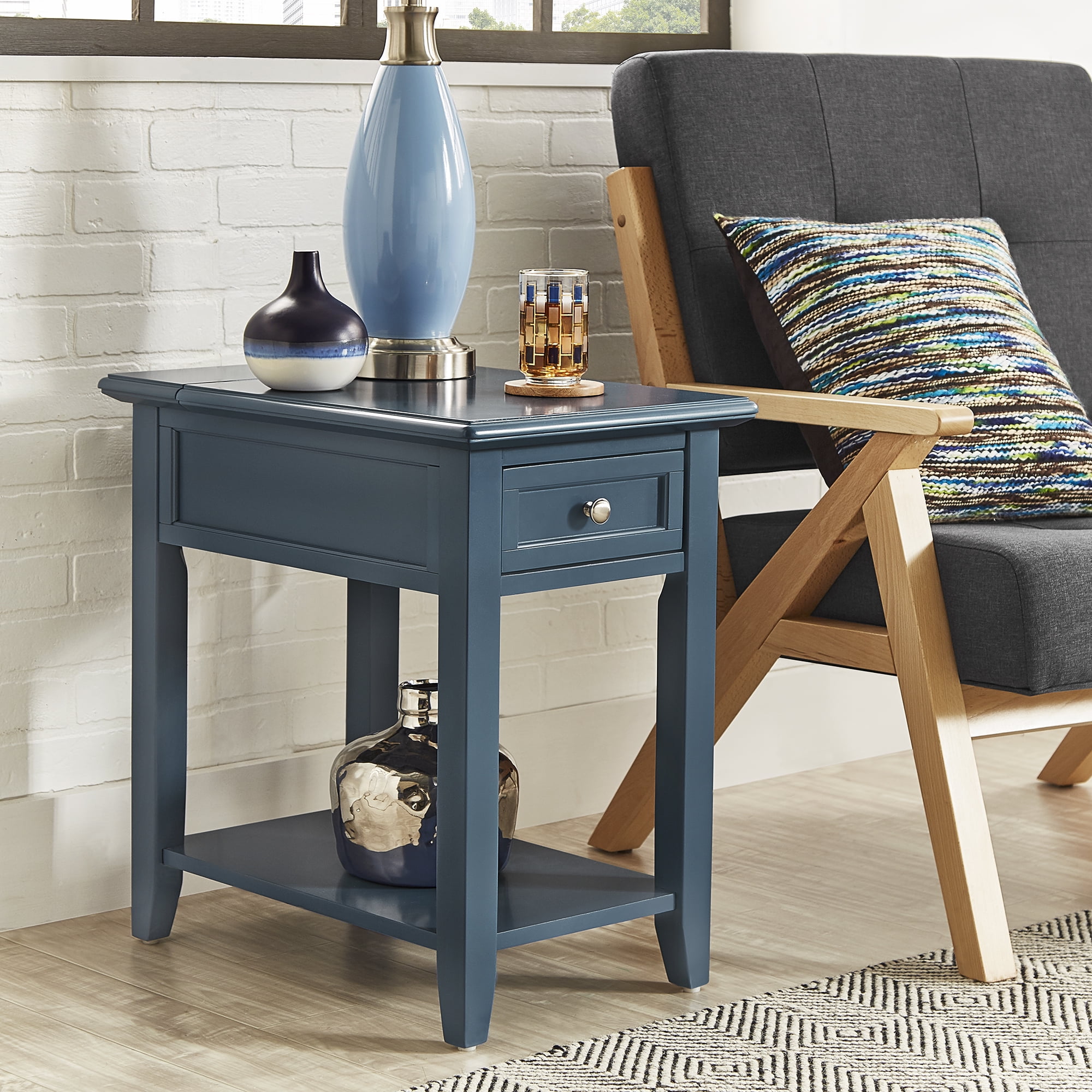 Chelsea Lane Wood End Table with Drawer and Lift-top Power Outlet, Blue Steel