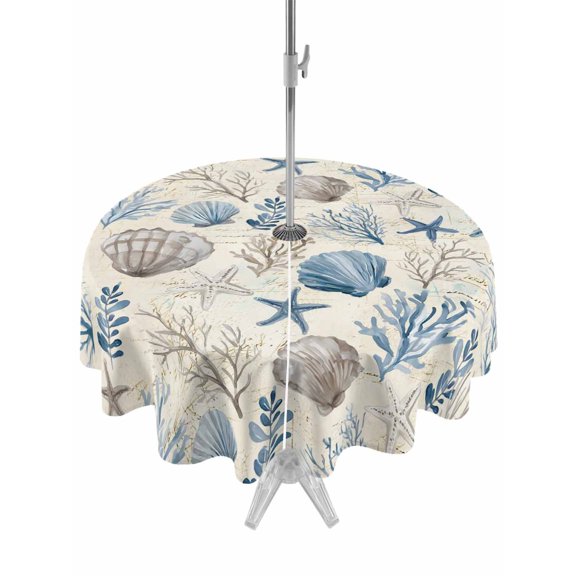 Outdoor Tablecloth with Umbrella Hole for Patio/Picnic/Party/Camping, Coastal Nautical Waterproof Table Cloth Round Cover Washable, Beach Ocean Starfish Seashells Coral (Dia 54")