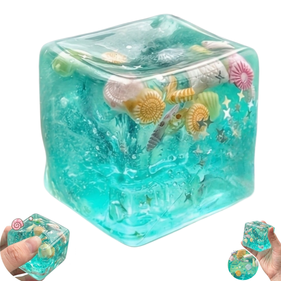 Transparent Ocean Ice Cube Squishy Fidget Toy with Real Sea Shells , Portable Clear Squishy Sensory Squeeze Toy for School & Office