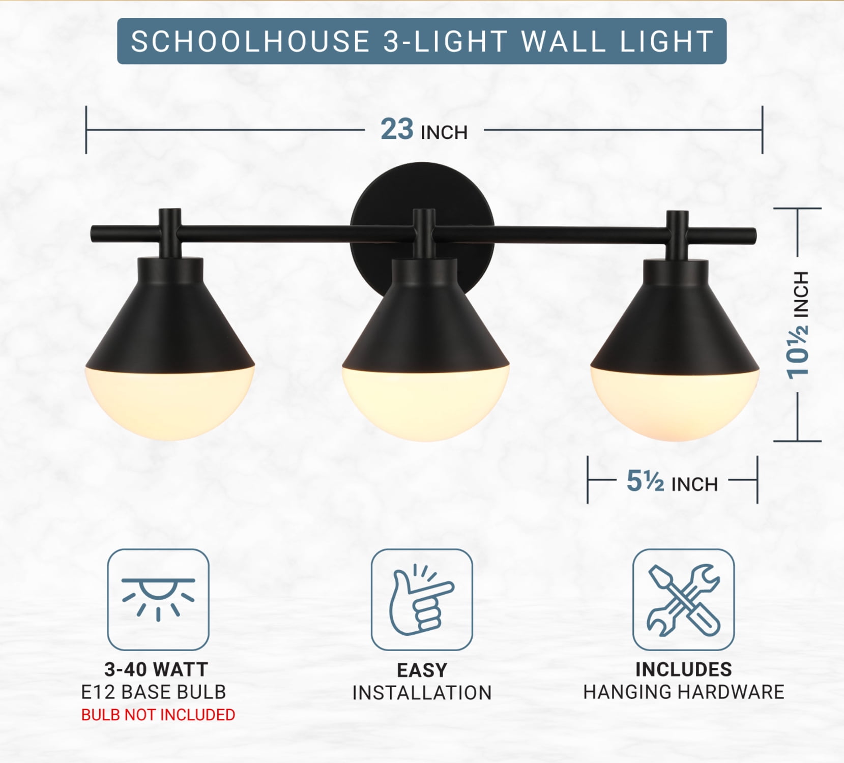 Kenroy Home Schoolhouse 23'' Vanity Light 3-Light Wall Light Fixture Transitional Table Light Fixture for Bathroom, Hallway, or Office, Black