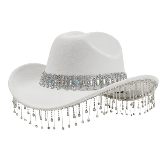 Fgnfyis Stylish Cowboy Hat for Womens Hats and Men Western Hat with Large Round Gemstone Fringe Rhinestone Decorations for Parties White