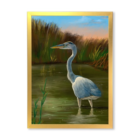 Designart 'Blue Heron Wetland Bird on The Lake Shore' Traditional Framed Art Print