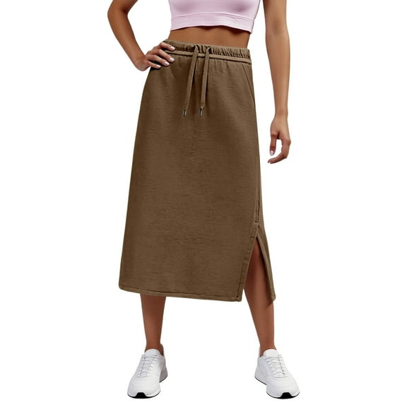 Ediodpoh Womens Skirt Women's High Waist Solid Color Casual Drawstring Side Slit Skater Skirt with Pockets Stretchy Comfortable A Line Coffee L