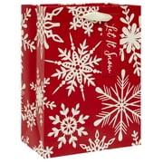 Holiday Time Gift Bag, Christmas, Snowflakes, Red, White, Paper, Glitter, Satin Handles
