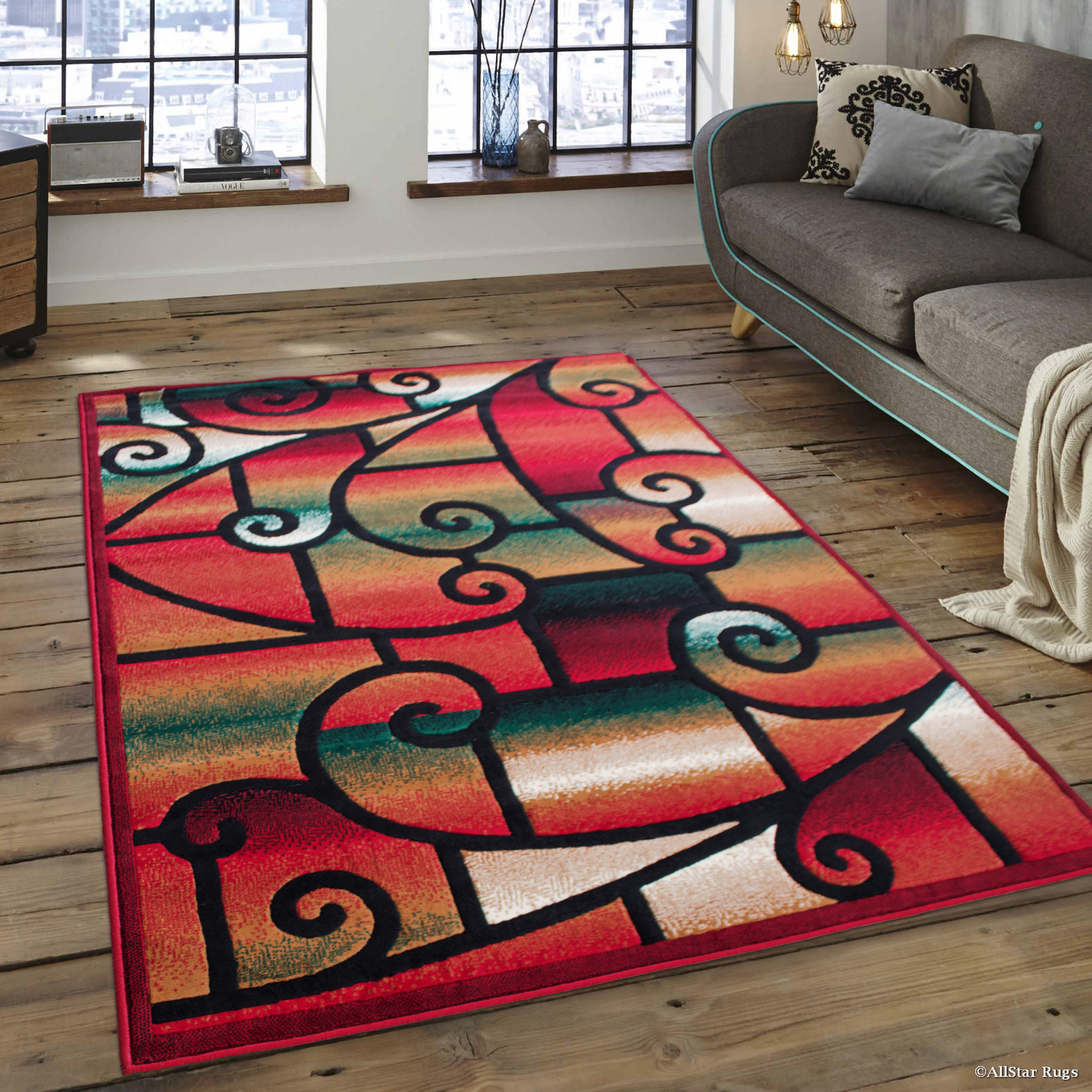 Allstar Red Abstract Modern Area Carpet Rug (5' 2" x 7' 2")