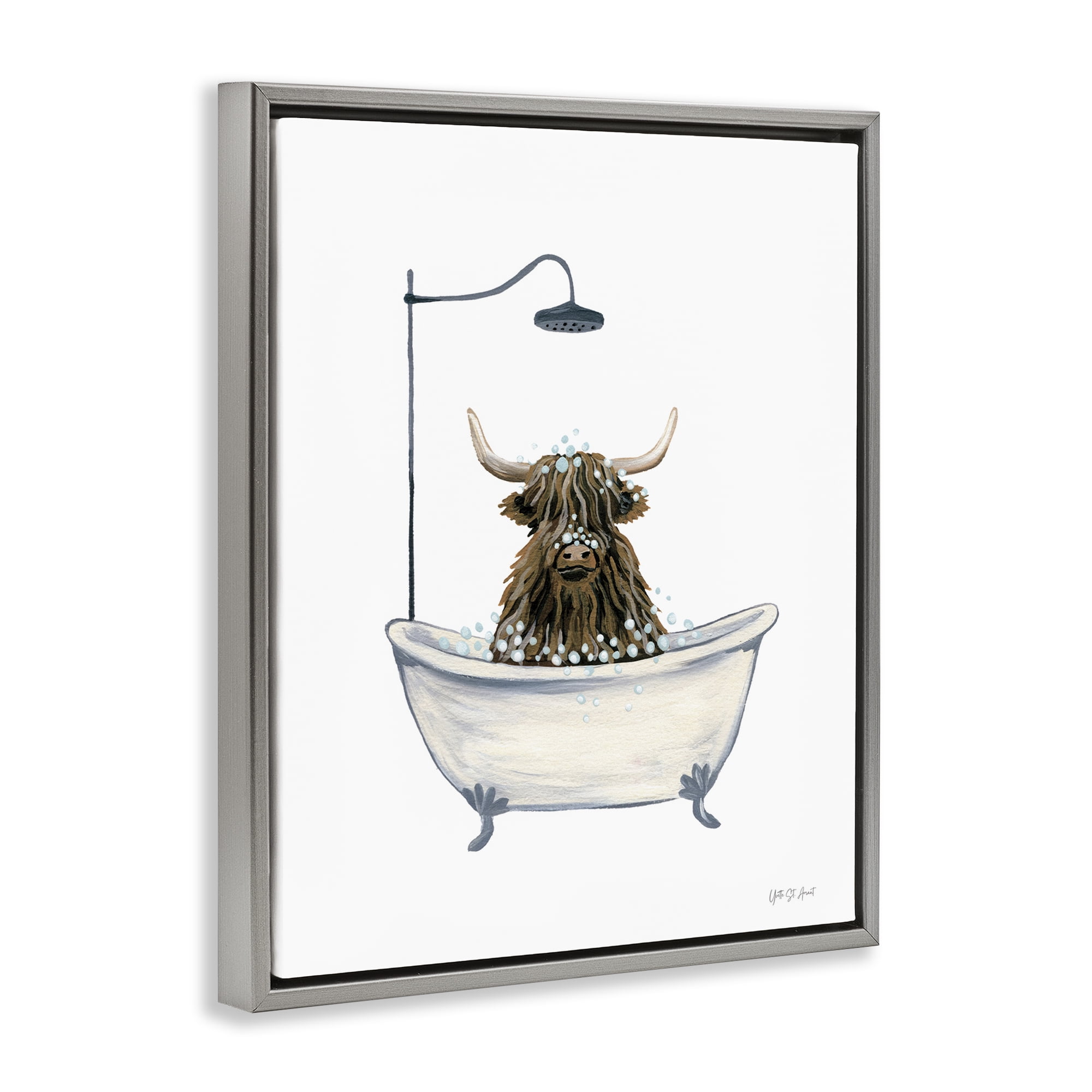 Stupell Industries Highland Cow Bathtub Typography Painting Gray Floater Framed Canvas Art Print Wall Art, 25 x 31