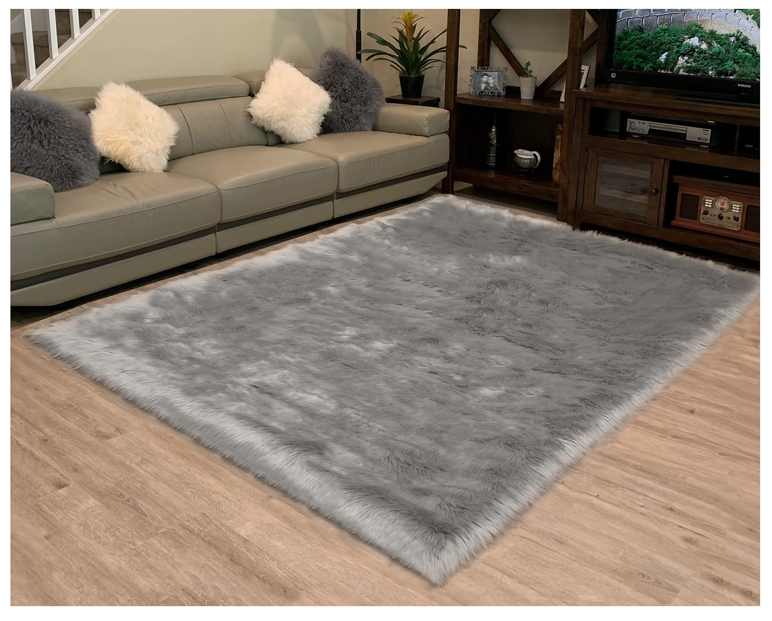 Ghouse Rectangular Grey Area Rug 5x8 feet, Thick and Fluffy Faux