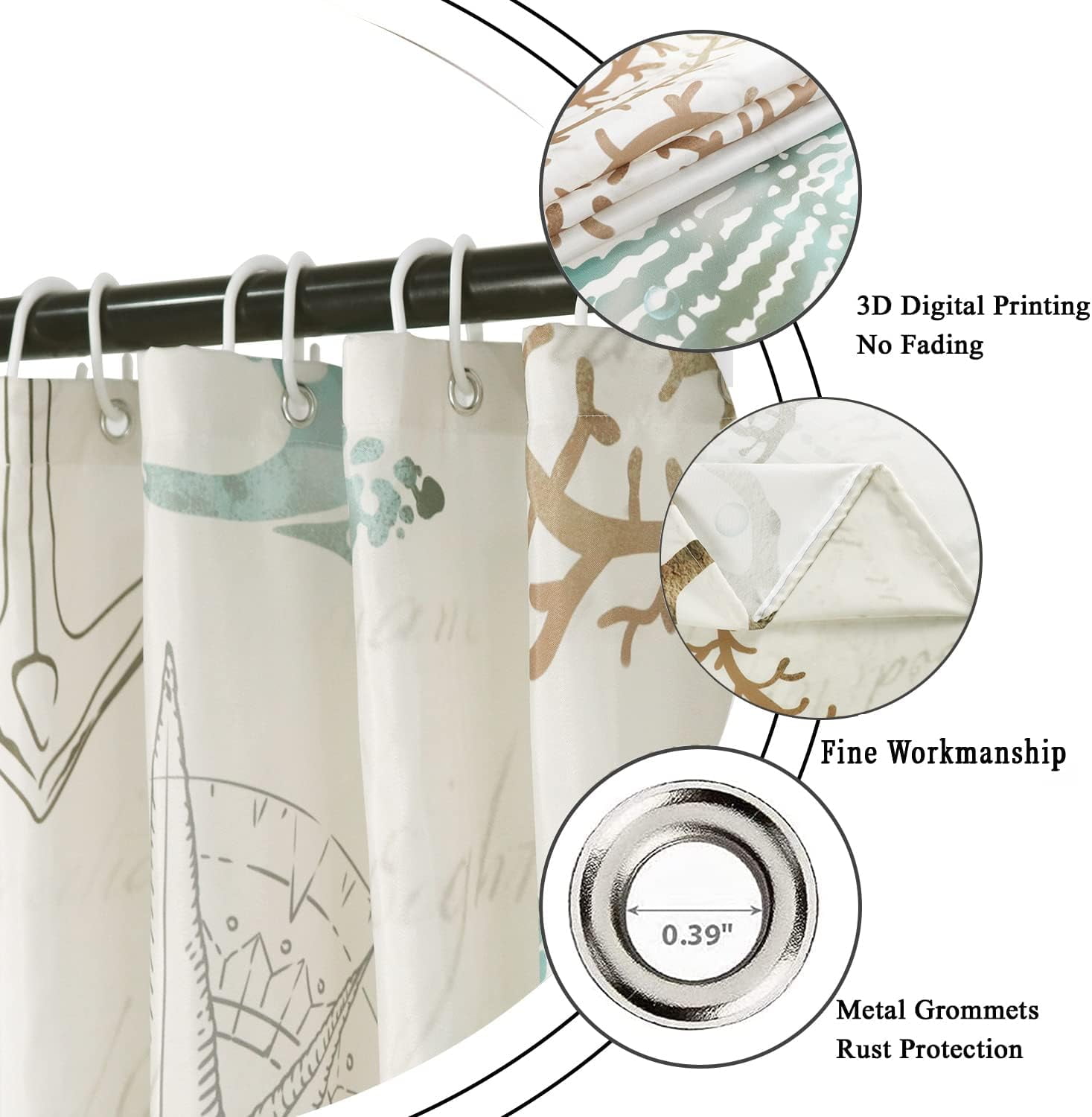 Starfish and Seashells Shower Curtain, Weighted Bottom Vintage Beige Ivory Coral Conch Nautical Oncean Beach Bathroom Curtain Waterproof Fabric Machine Washable with Hooks,72" Wx72 L