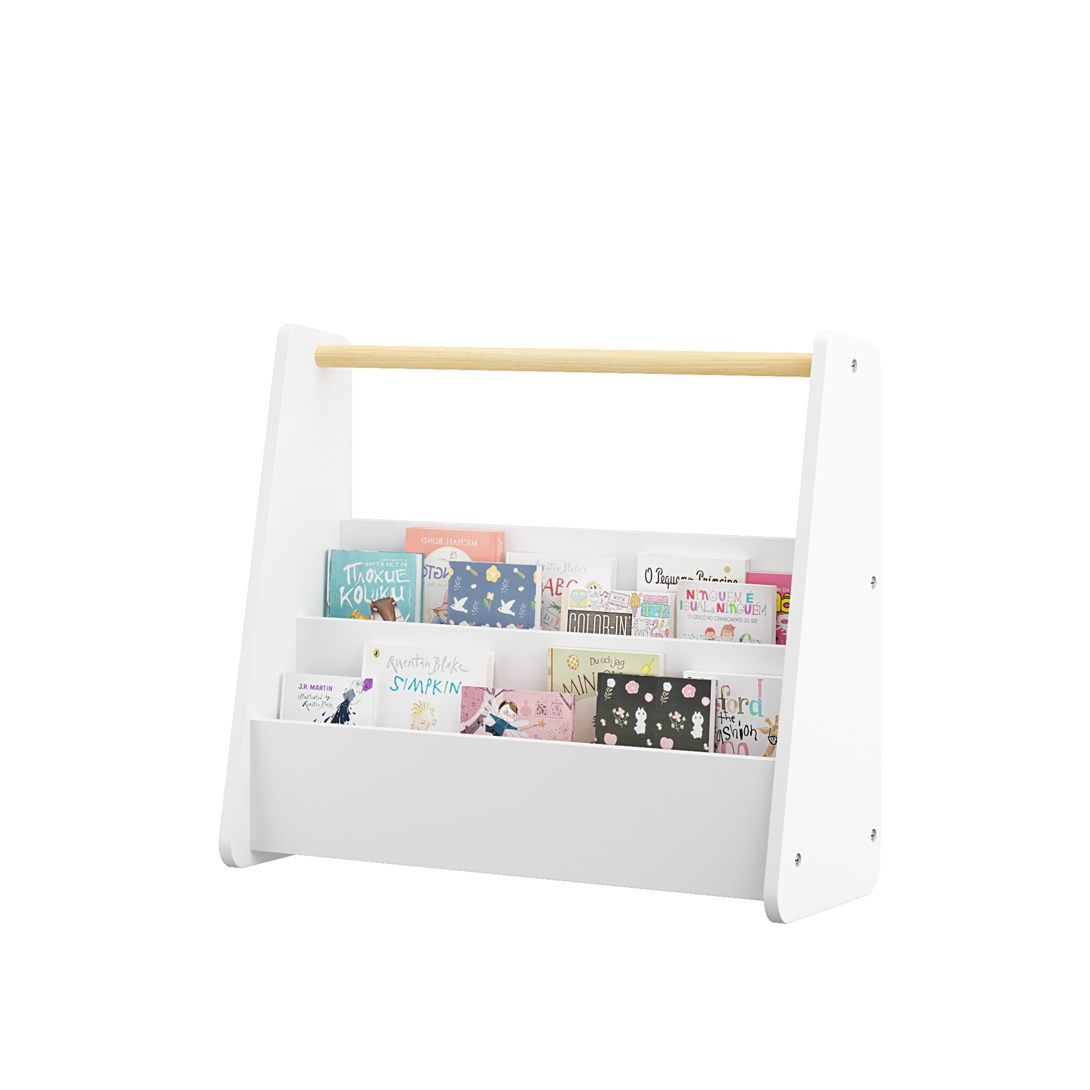 Noble House Prix 2-Tier Front-Facing Toddler Bookshelf with Portable Wooden Handle, Kids Book Storage Organizer, White